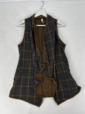 Twenty Ten Vest Womens Small Gray Yellow Windowpane Plaid Drape Open Front